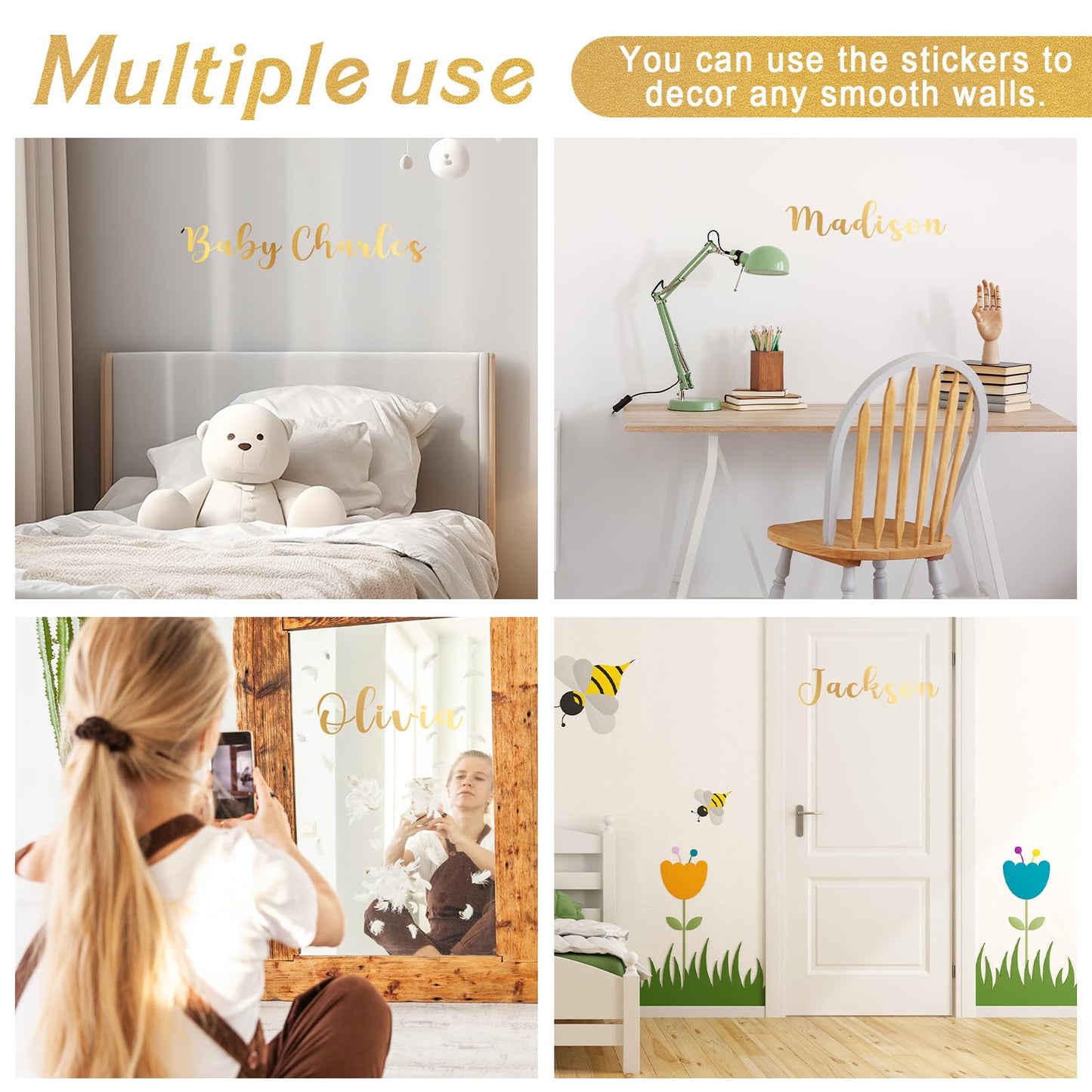 Boao Personalized Name Wall Decal Large Cursive Letter Stickers Big Alphabet Custom Stickers Nursery Wall Decal for Backdrop Bedside Bedroom Home Classroom DIY Craft(Classic,Gold,Regular)