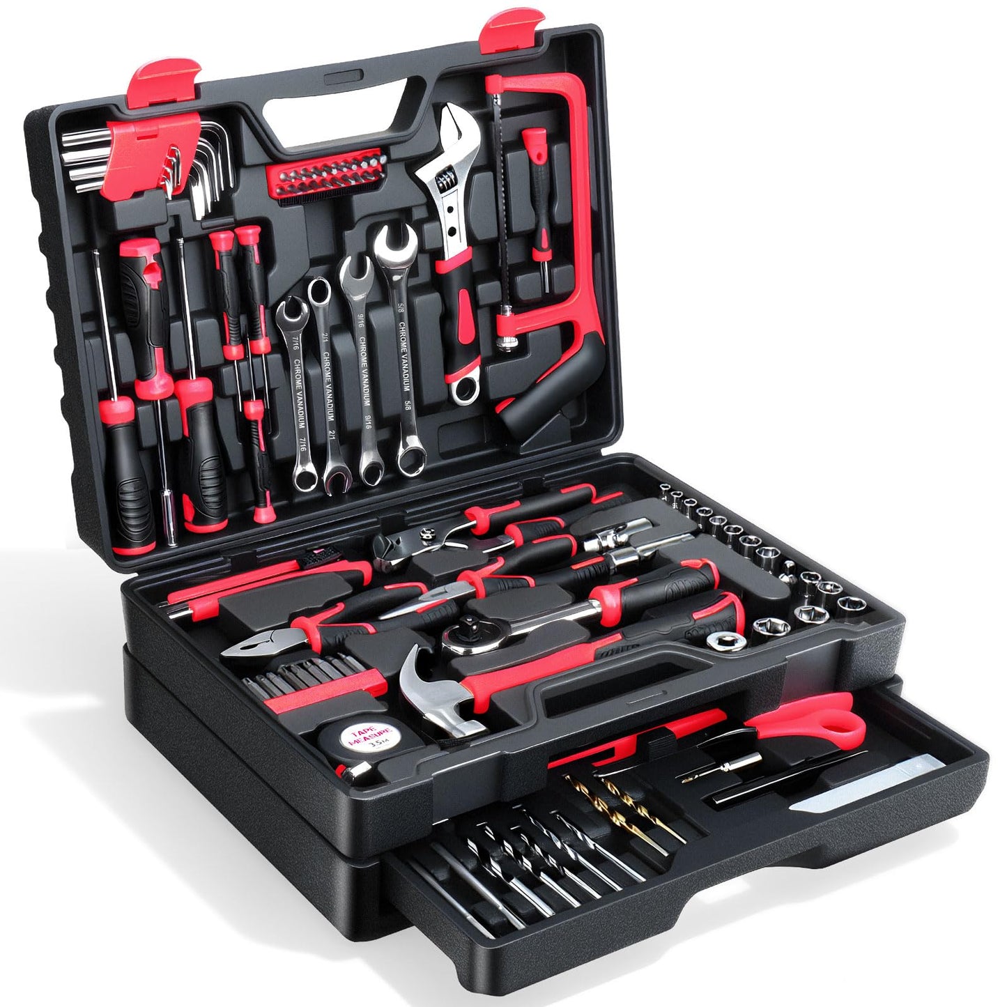 Tool Set- 412 Piece Home Repair/Auto Tool Kit, Storage Organizer with Drawers, Toolbox Storage Case for Women & Men, Perfect for Homeowner, Diyer, Handyman, DIY- Red