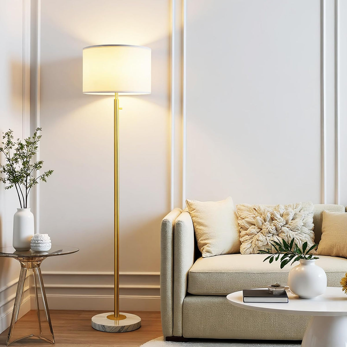 Floor Lamp for Living Room,Dimmable Gold Floor Lamp,Modern Standing Lamp with Marble Base,Tall Standing Lamp for Bedroom, Reading,Office & Kids' Room,LED Bulb Included(Gold)