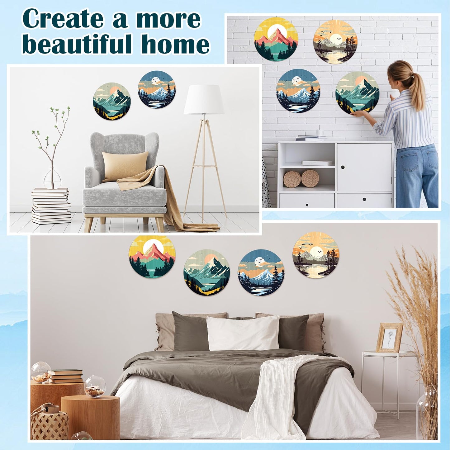 Faccito 4 Pack Wooden Landscape Paint by Numbers Kit for Adults Beginners 8 Inch Unfinished Round Wood Board Acrylic Paint Nylon Brush Hook Distant Mountains Sunset Lake DIY Crafts for Home Wall Decor