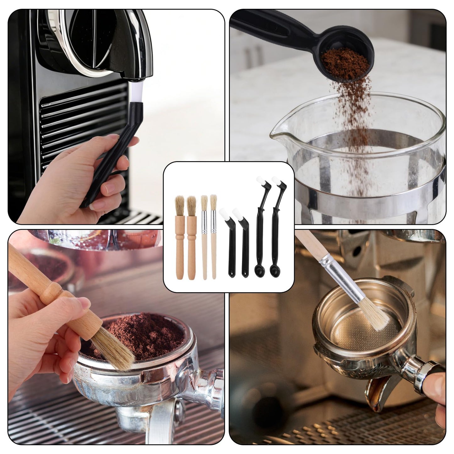 8pcs Coffee Cleaning Brush Set, Espresso Machine & Grinder Cleaning Brushes Long Handle Flexible Brush Cleaner and Scoop Tool for Clean Coffee Maker Grinder Brew Head and Barista Accessories