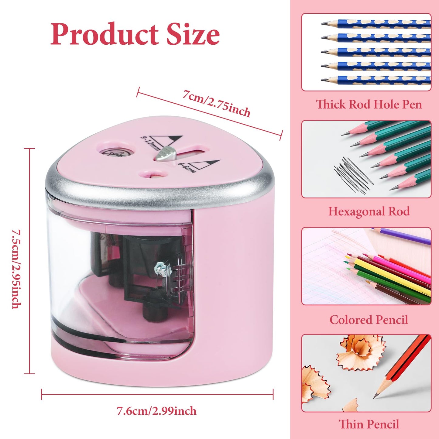 AUAUY Electric Pencil Sharpener with Double Hole, Battery Operated Automatic Sharpener with 2 Extra Knife Holders, for 6-8mm/9-12mm Standard Pencils, Colored Pencils, and Skectch Pencils(Pink)