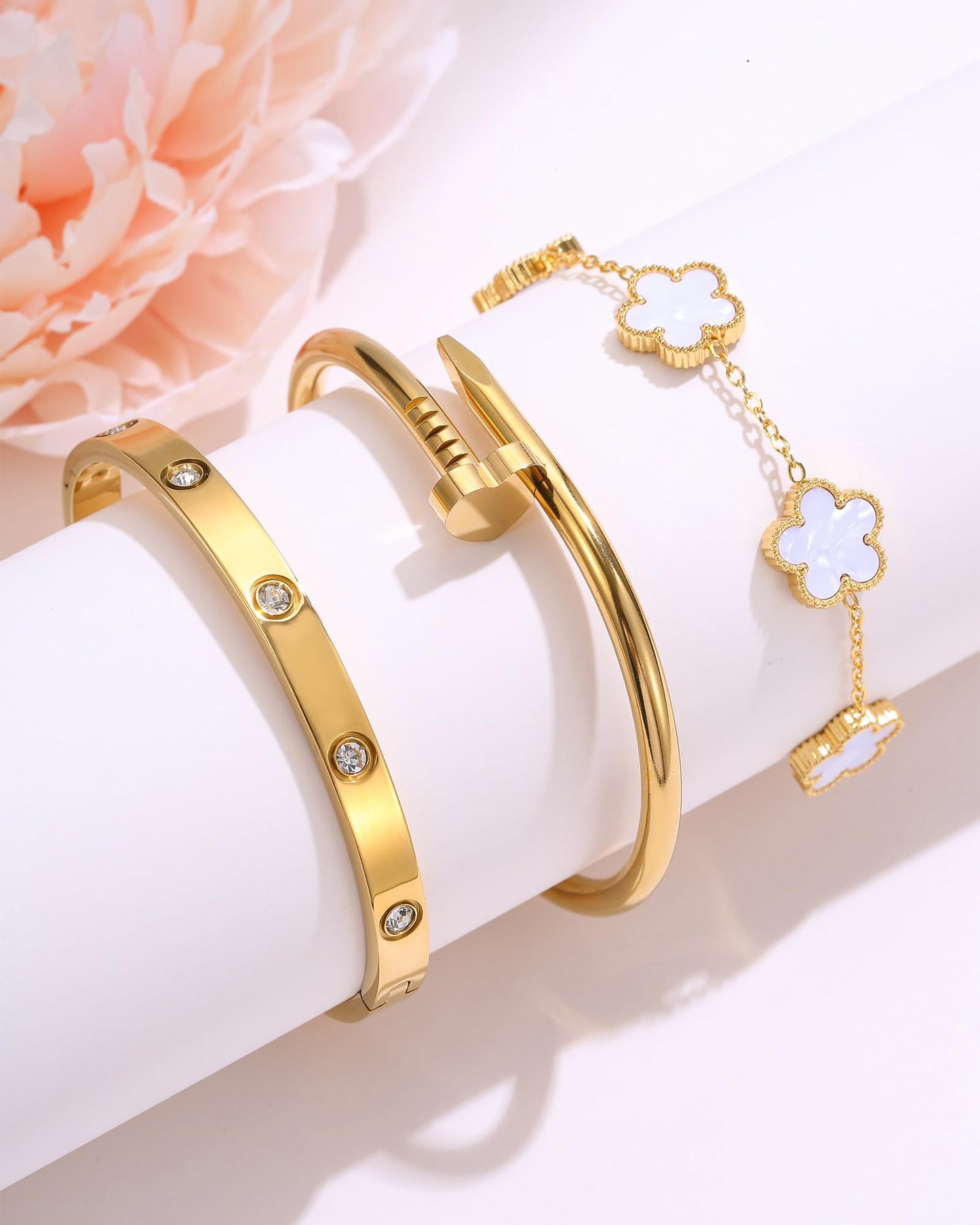 18K Gold Plated Stainless Steel Love Nail Bangle Clover Bracelet Set Stackable Dupes for Love Trendy Jewelry (Gold and White)