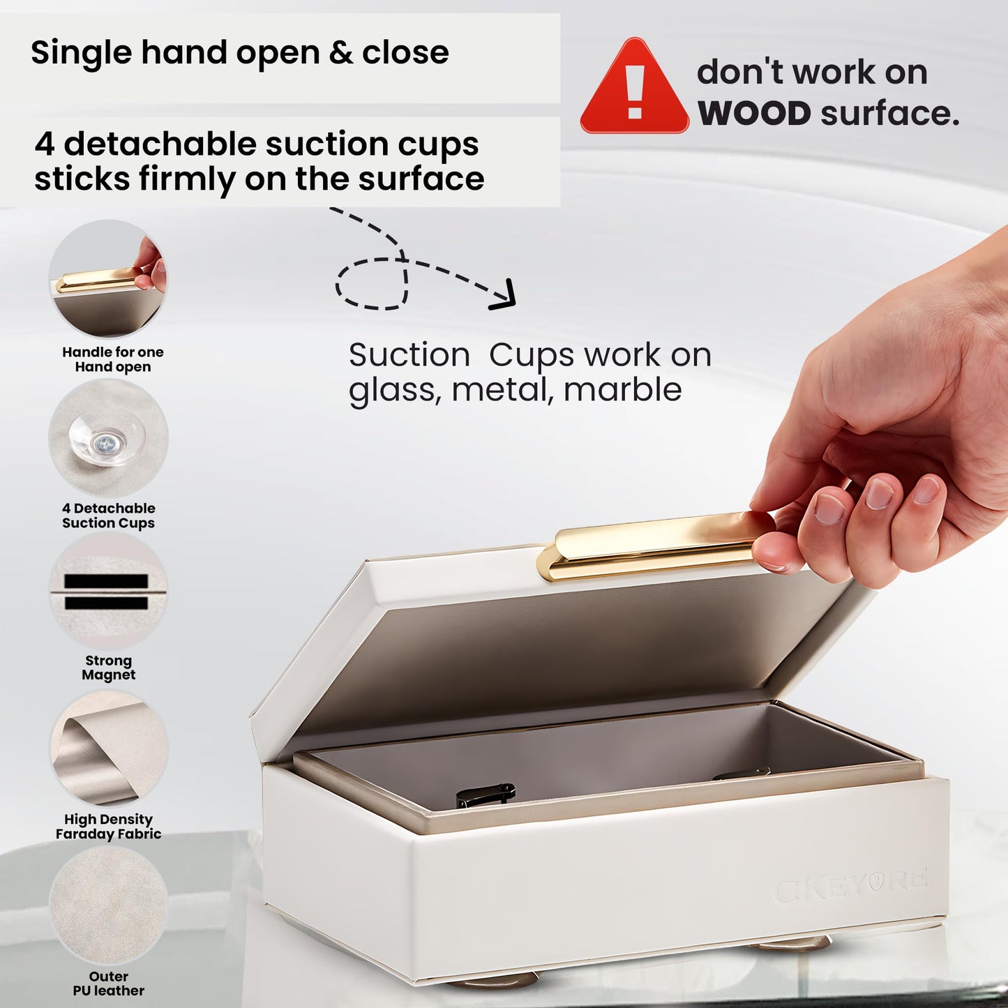CKEYURE Key Box | Faraday Box for Car Keys | Car Key Signal Blocker Box | RFID Key Box | Key Holder | Key Safe | Signal blocking key box for car security | One Hand Operation (White)