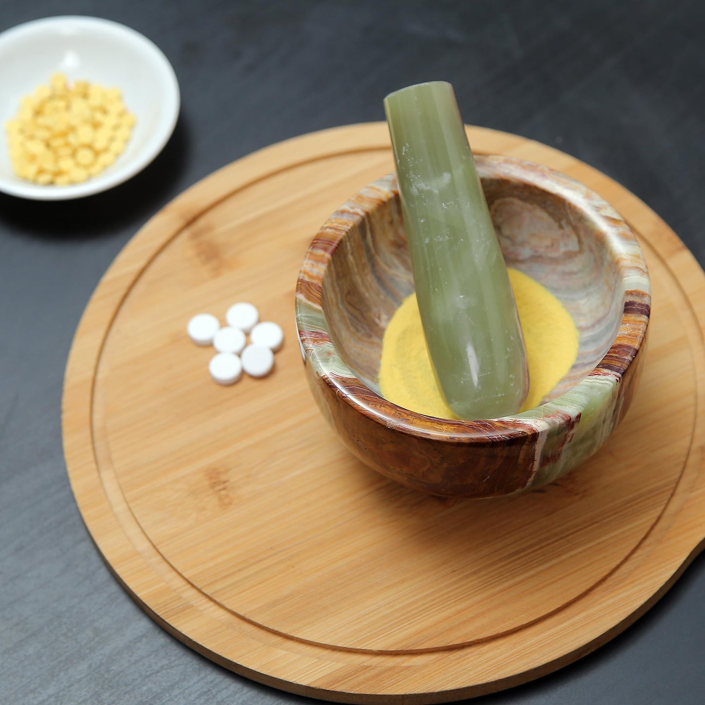Exquisite Marble Mortar and Pestle Set - Your Ultimate Kitchen Essential for Grinding Spices, Making Guacamole, Salsa, Pesto, and Crushing Pills (Onyx Green, Bowl Shape (5"))
