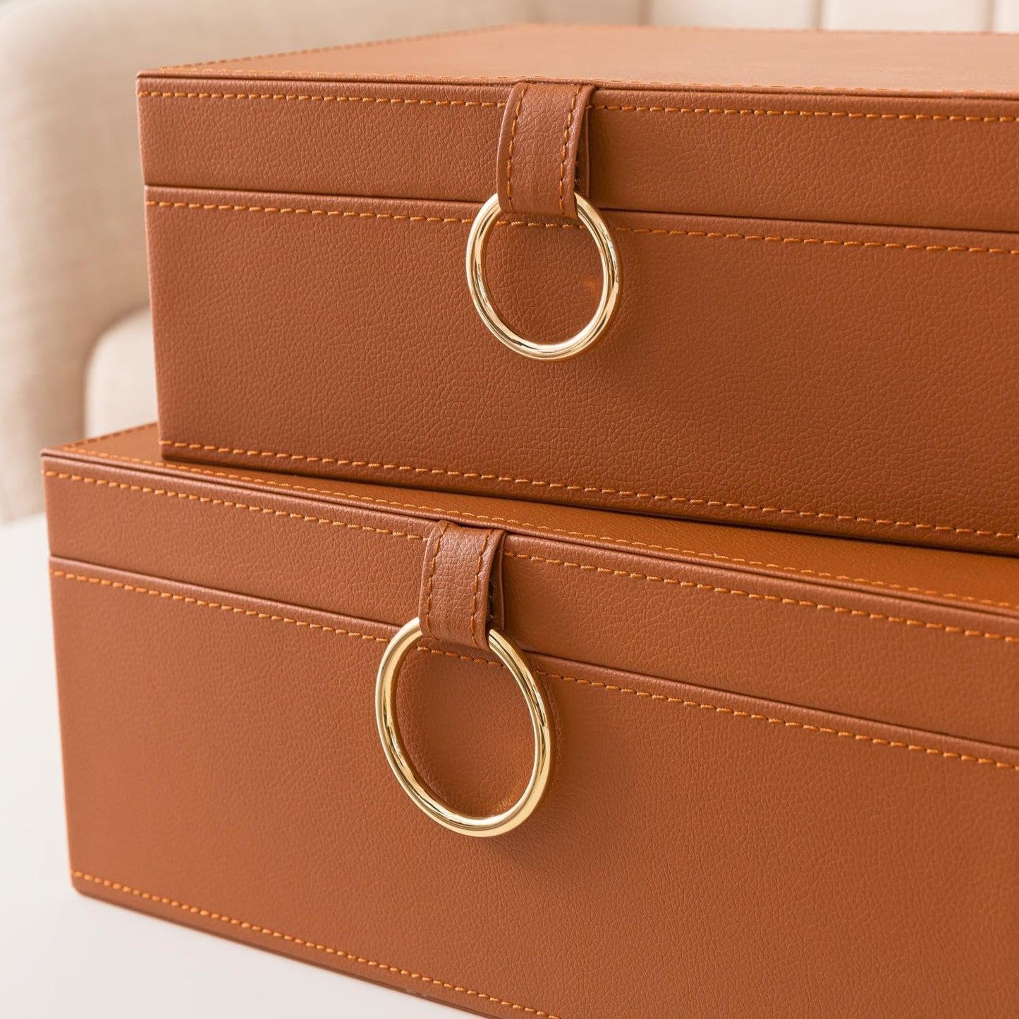 Soul & Lane Faux Leather Storage Box Set, 2 Decorative Boxes with Lids for Home Decor, Coffee Table and Living Room Shelf Organization, Remote Control Holder with Stacking Design, Warm Saddle Brown