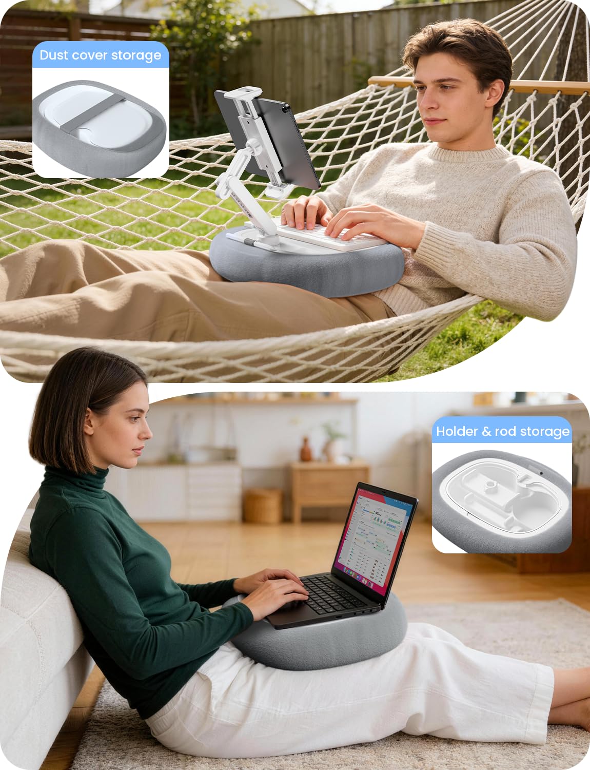 Tablet Kindle Pillow Stand Holder Free Adjustment with 3 Divided Trays Fit 4''-13'' Phone Kindle iPad Holder Stand Ultra Stable for Bed Soft Plus Fabric Dust Cover Lap Desk Kindle Accessories Gray