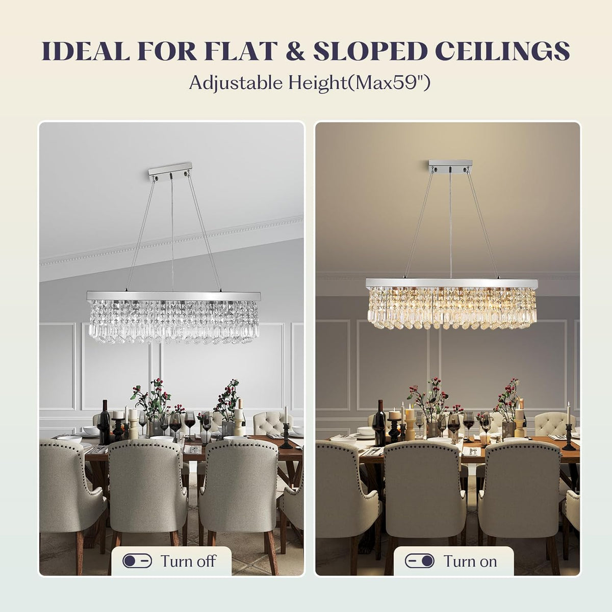 Modern Crystal Chandelier for Dining Room,6 Light K9 Crystal Rectangle Chandelier, Rectangular Pendant Ceiling Light Fixture for Living Room Kitchen Island L31.5''xW10''xH10''