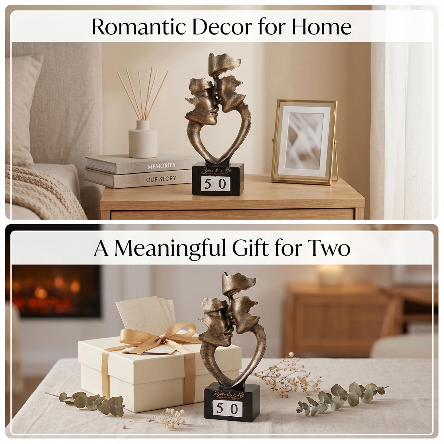 9.84in H Resin Couple Statue with Interchangeable Number Blocks, Antique Bronze Finish Modern Abstract Romantic Couple Figurine for 1st to 50th Wedding, Shelf Bookshelf Bedroom Decor