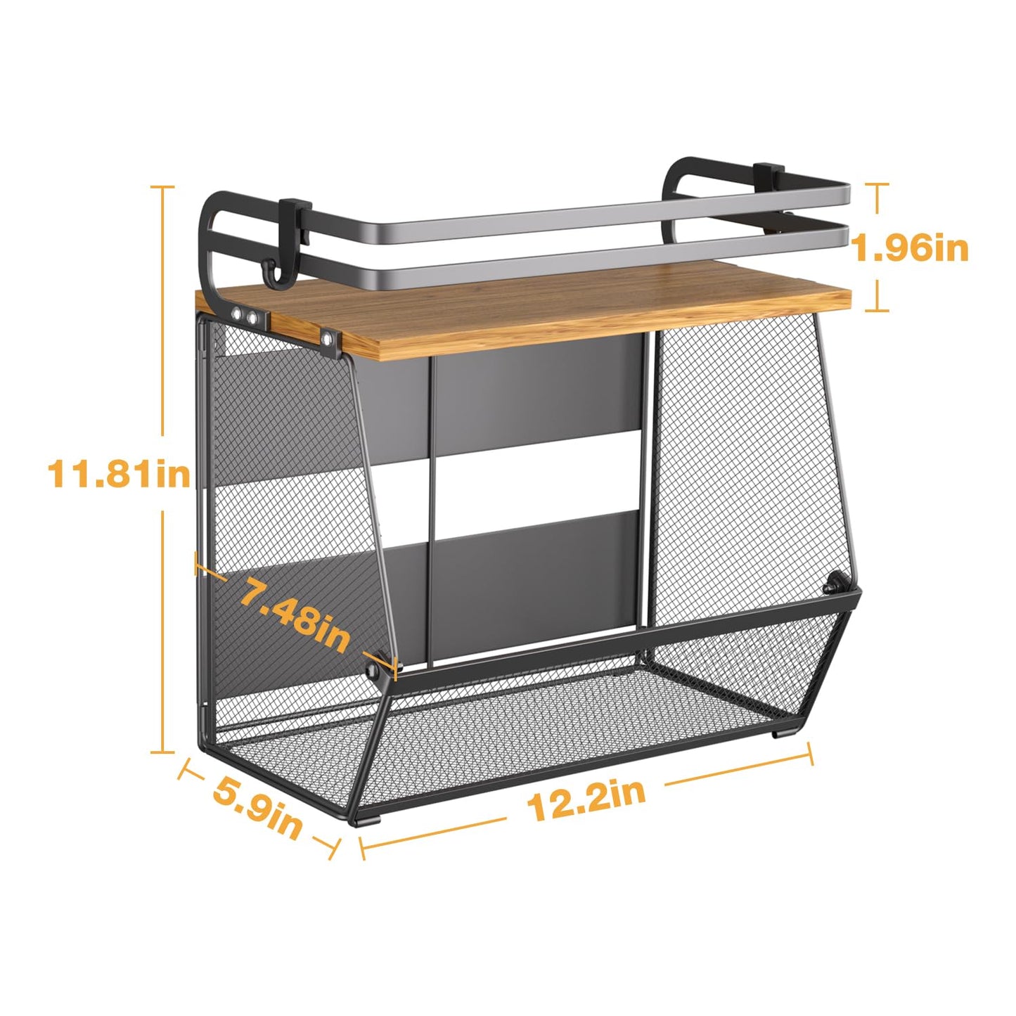Magnetic Shelf for Fridge with Wood Lid, Large Capacity Magnetic Spice Rack for Refrigerator Kitchen Storage Bin for Fruit, Onion, Potatoes, Storage Organizer for Counter & Cabinet, Mesh Basket