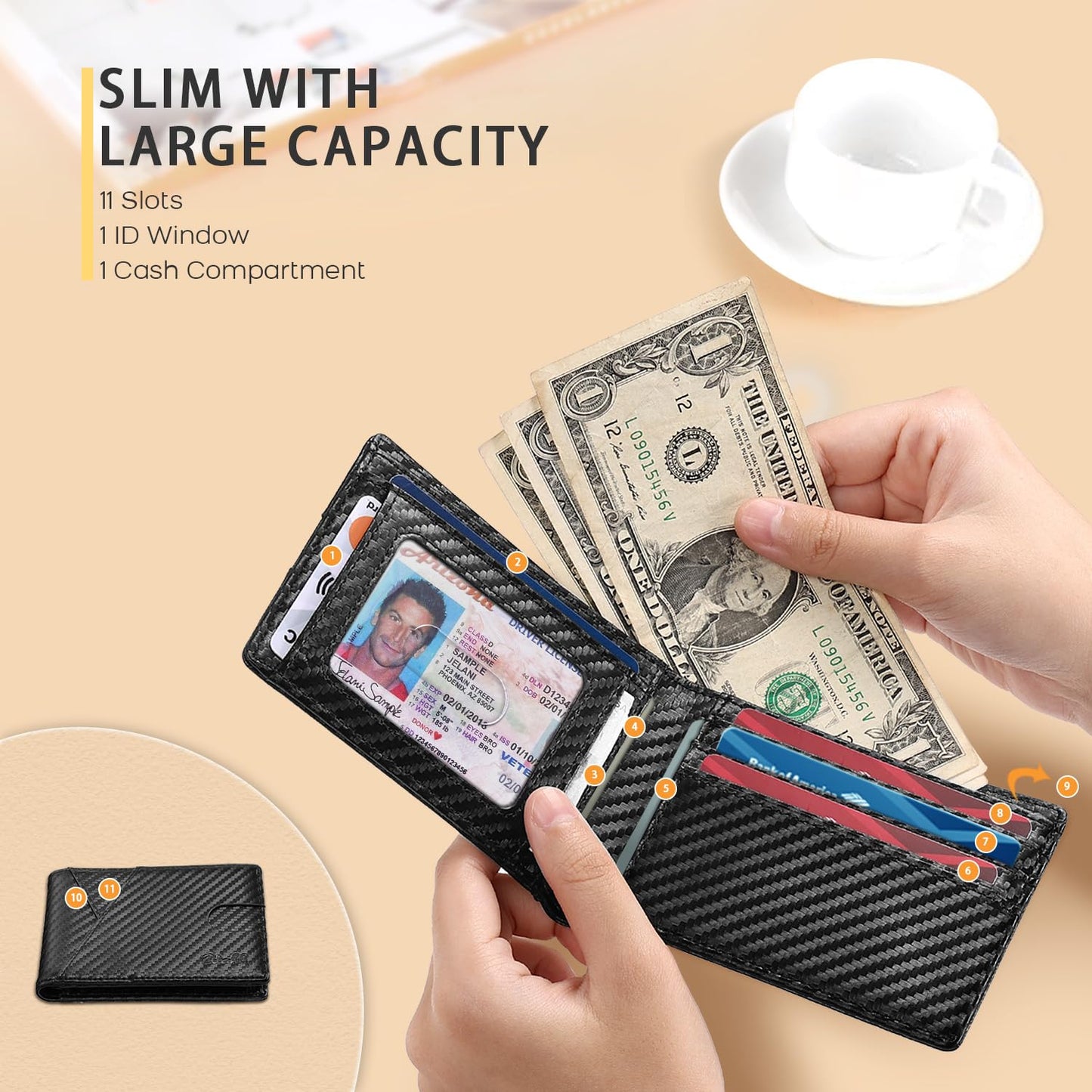 Zitahli Bifold Wallets for Men - Slim RFID Leather Credit Card Holder for 6-11 Cards, Minimalist Thin Wallet with ID Window & Cash Slot,Front Pockt Carteras Para Hombres, Birthday Gifts for Men