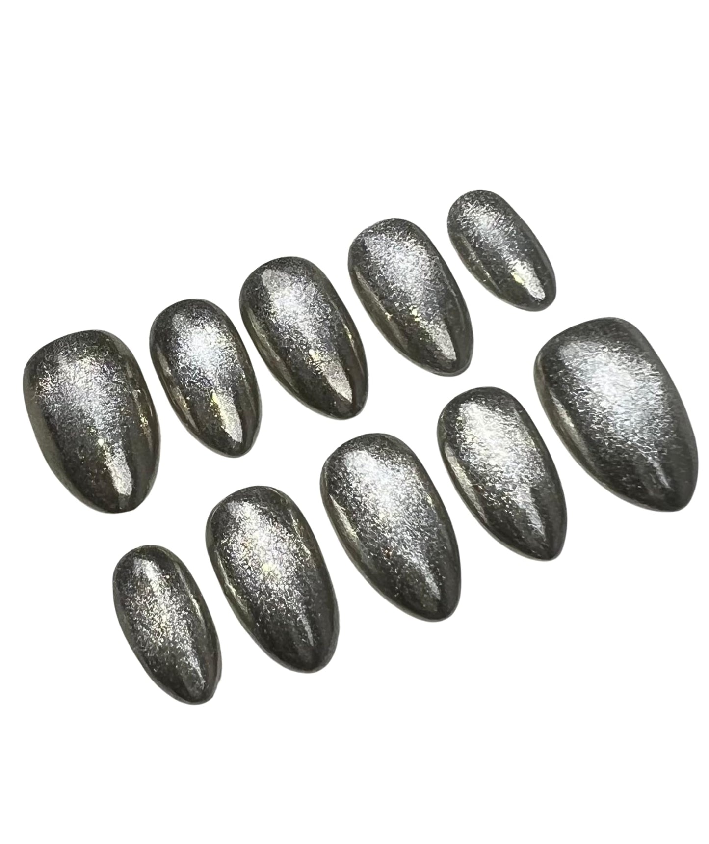 Handmade Short Almond Magnetic Cat Eye Press-On Nails – Chrome Finish (Gold, Ruby Red, or Silver) | Reusable Glossy Gel Look | (Silver Mirror Cat Eye, M Short Almond)