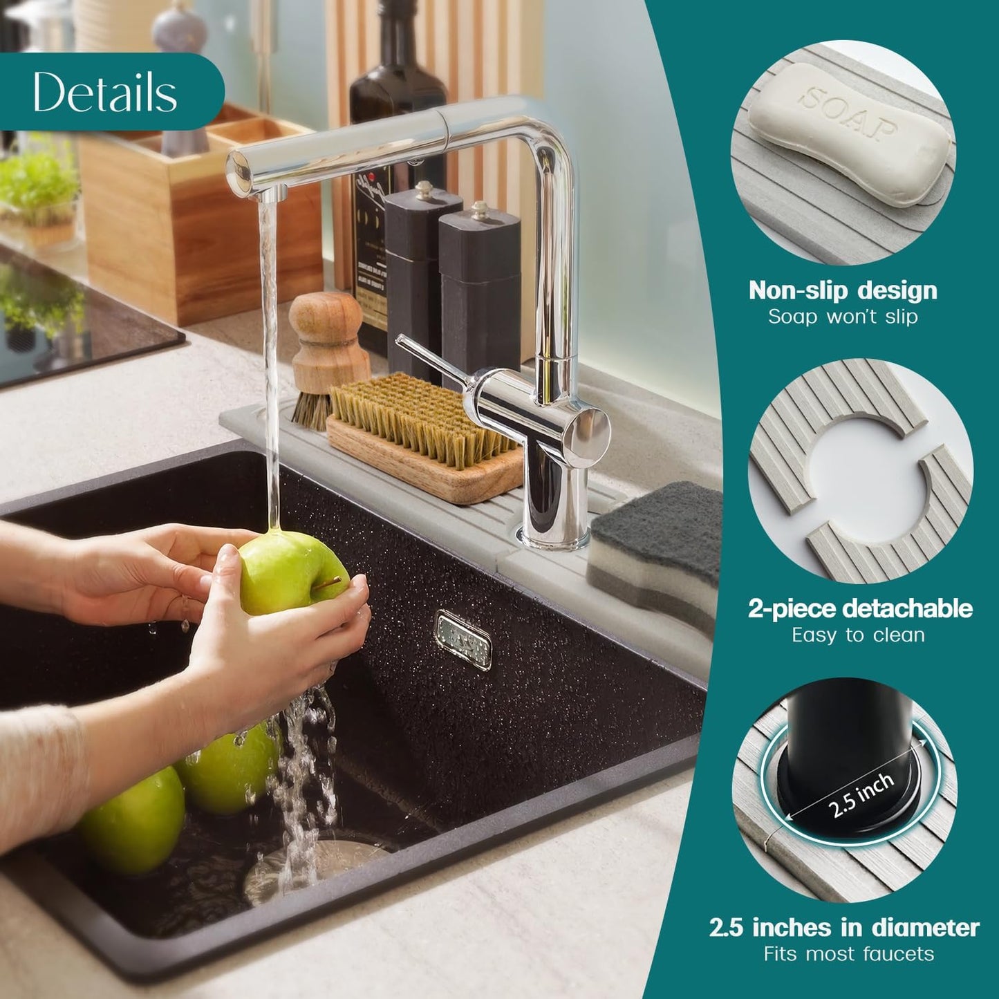 Eormoe Faucet Mat for Kitchen Sink โ Diatomite Stone Drying Mat & Sink Protectors, Prevent Moisture โ Sink Splash Guard Water-Absorbing Stone Tray for Bathroom Counter (Light Grey, 23.6" x 3.9")