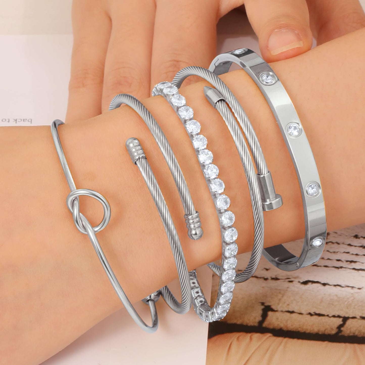 FAFUGA 18 K Silver Plated Love Bangle Bracelet Stack Cuff Jewelry for Women Jewelry Set for Women Gift with Box (B00051)