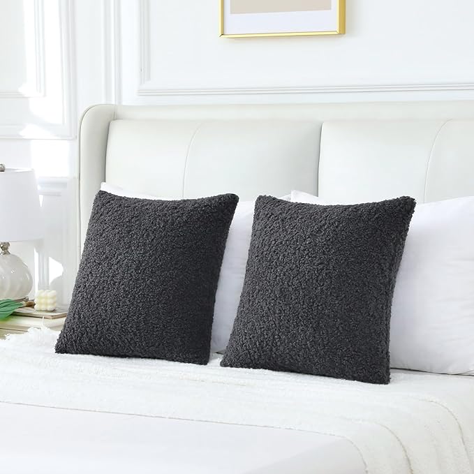 FUTEI Charcoal Throw Pillow Covers 18x18 Inch Set of 2,Furry Faux Fur Teddy Boucle Textured Cushion Covers,Soft Fluffy Decorative Pillow Case,Home Decor for Couch Bed Living Room Office Car