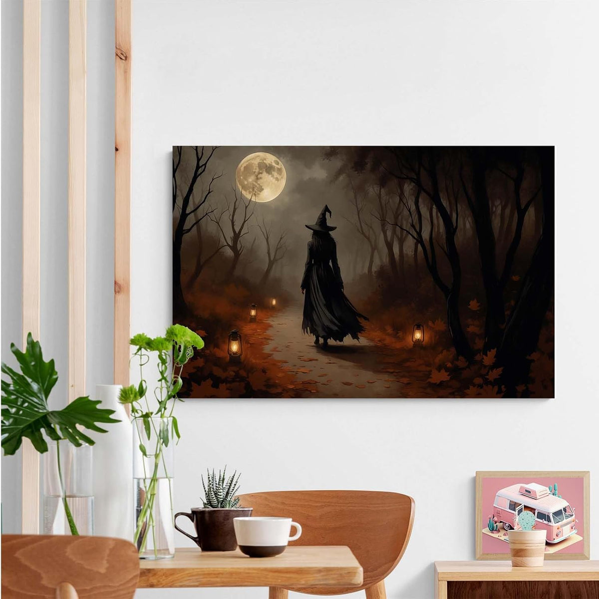 JFHCQJPK Moonlight witch poster dim lantern Halloween decoration Gothic style dark retro college style canvas wall art suitable for living room bedroom20x30in Frameless