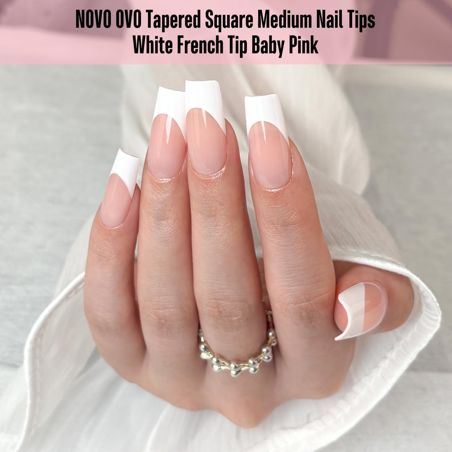 NOVO OVO White French Tip Medium Square Nail Tips Press on BABY PINK, Extra Thick Soft Gel Fake Nail Acrylic Extension, Need Builder Gel Top Coat, No Glue Included, for Salon DIY 15 Sizes x 240 pcs
