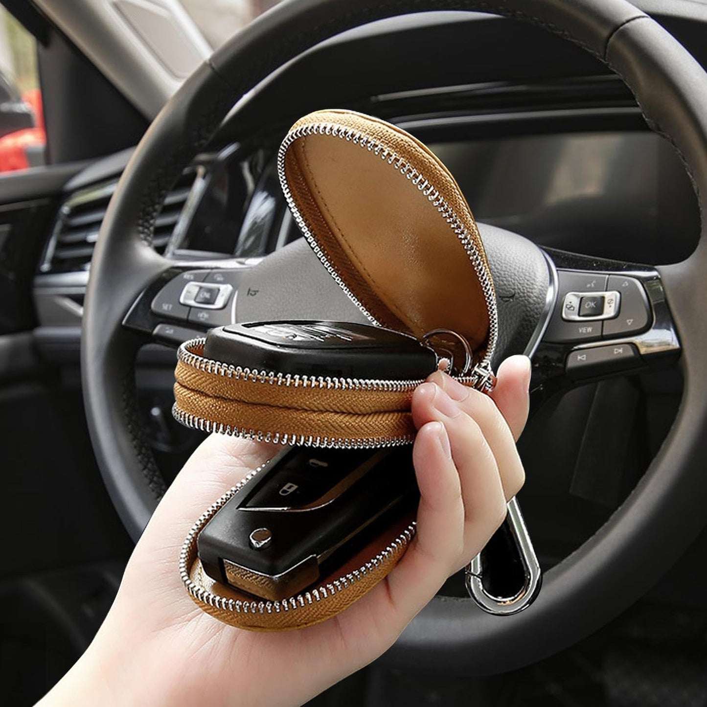 UVKDEENK 2 Pack Mens Vintage Key Case, Retro Genuine Leather Car Key Fob Holder, Key Organizer with Metal Hook Keyring, Double Zipper Key Coin Bag Coffee Brown