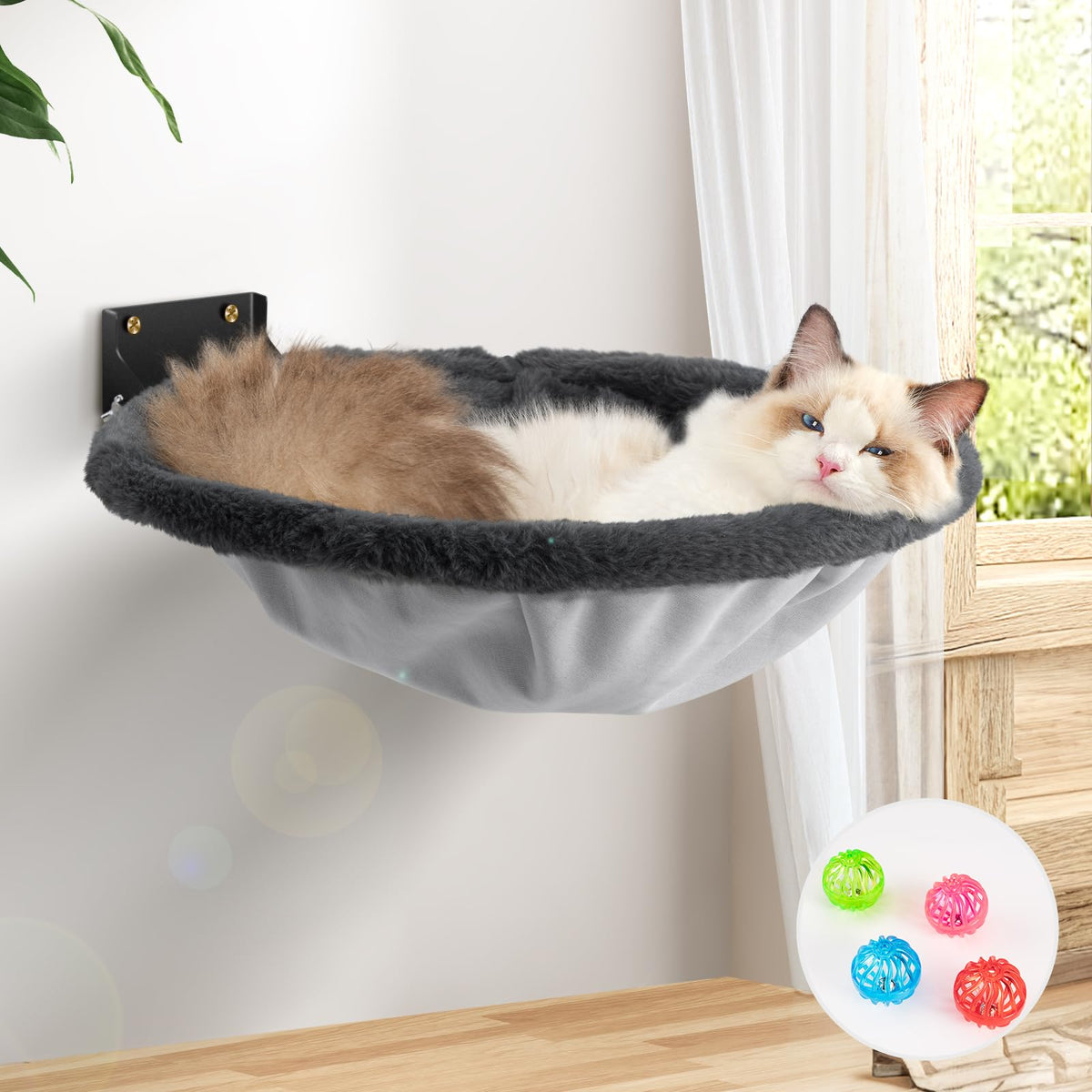 JUNSPOW Cat Hammock Wall Mounted, Foldable & Stable Cat Beds- Breathable Cats Wall Shelves for Sleeping, Playing, Climbing, and Lounging - Maximum Hold Up to 30lb(Cream,Faux Rabbit Fur)