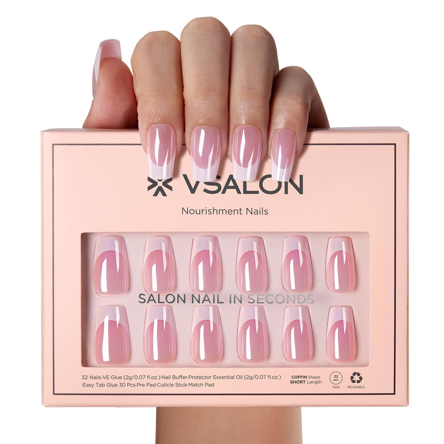 VSALON Press on Nails Short Coffin - Pink French Tips Glazed Chrome Fake Nails Kit, Long-Lasting & Reusable Opaque Soft Gel Spring Nails with Glue & Cuticle Oil