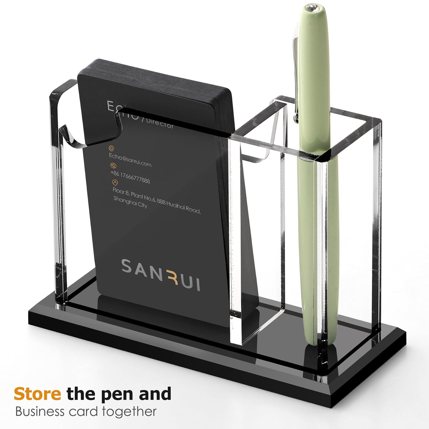 SANRUI Vertical Business Card Holder with Pen Holder for Desk, Clear Acrylic Desk Organizer and Accessories, Professional School Office Supplies Collection Caddy,Multi-function Storage Box