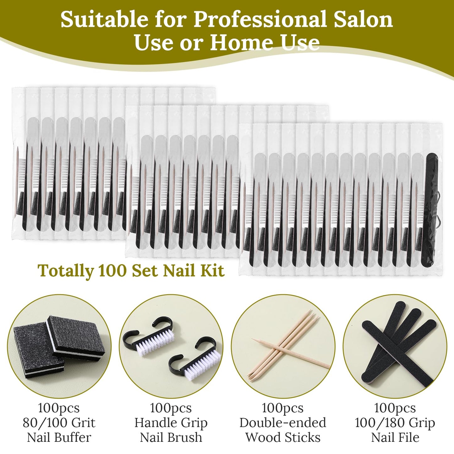 100 Sets Black Disposable Manicure Kit 4-in-1 Nail Kit for Business, Handle Grip Brush, Mini Nail Buffer Nails File and Wood Stick for Gifts Salon Professional