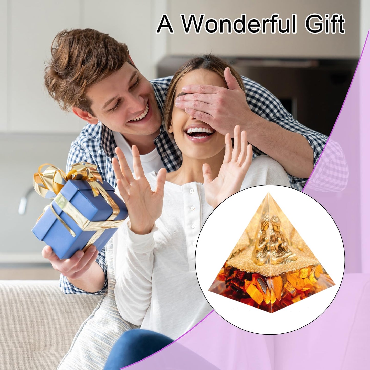 Saefheled Natural Tiger's Eye Stone Orgone Pyramid, Orgonite Crystal Healing Pyramid with Built-in Buddha Statue, Attract Wealth Success, Prosperity, Balance Chakra Used for Meditation & Healing, 6cm