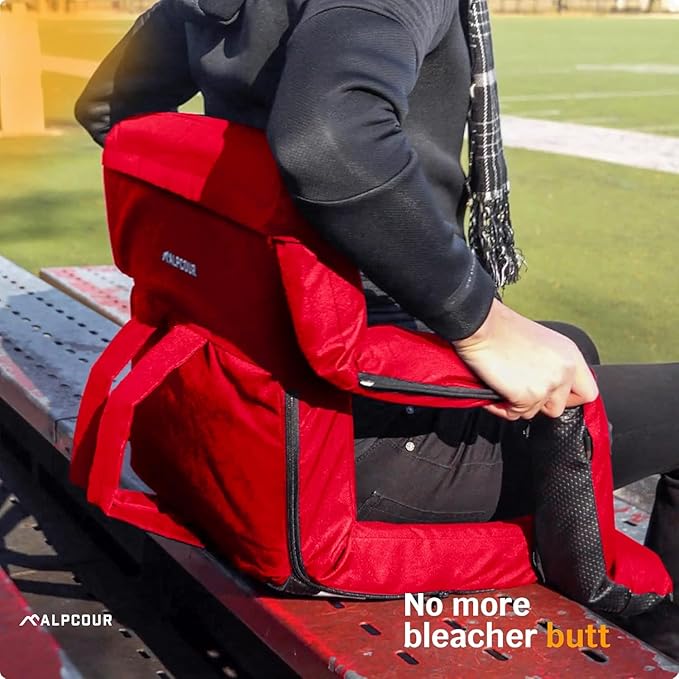 Alpcour Heated Reclining Stadium Seat for Bleachers – Wide Bleacher Chair with Back Support and Cushion, Armrests, Side Pockets, & Hook – Stadium Seats Chairs for Camping, Kayak, Paddle Board & More
