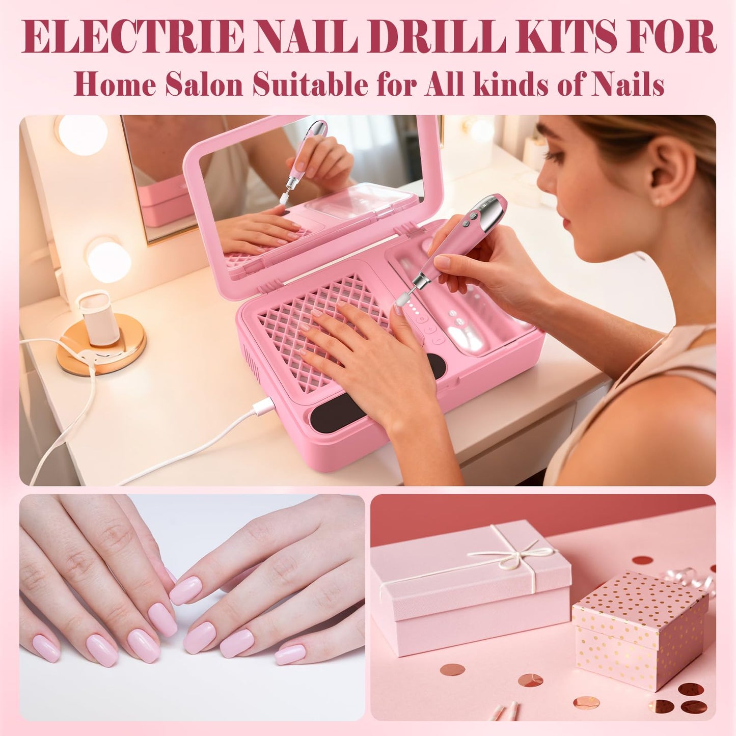 Nail Dust Collector and Cordless Electric Nail Drill File Kit, Professional Portable Manicure Pedicure, 13 Bits, HPro Powerful Dust Suction Machine for Home Salon - Pink
