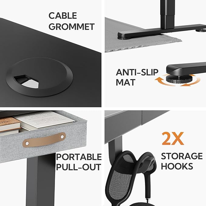 Seang Standing Desk with Drawer, 55" x 24" Height Adjustable Stand Up Desk, 3 Memory Height Settings with Cable Grommets & Storage Hooks, Ideal for Home & Office, Black