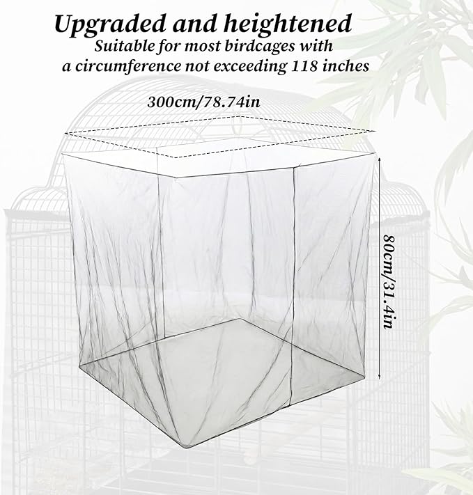 Trinkrittey Large Bird Cage Seed Cather, Black Bird Cage Cover Universal Nylon Birdcage Net Elastic Band Skirt Seed Guard for Parrot Parakeet Macaw(118 x 31.5in/300 x 80cm)