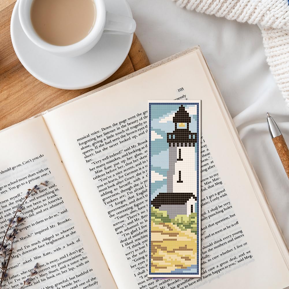 FREEBLOSS 6 Set Bookmark Cross Stitch Kits Cross Stitch Bookmark Kit with Instructions Lighthouse Scenery Pattern Embroidery Kit for Beginners Bookmarks Making Kit for Gift
