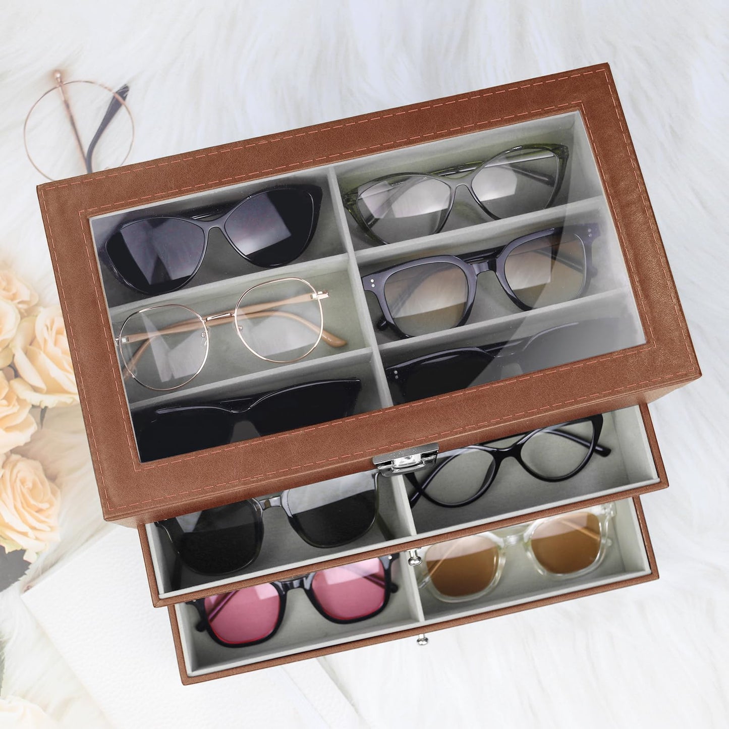 GRTCZYSL Sunglasses Organizer 18/20 Slots, Multiple Pairs Glasses Storage Case Leather Eyeglasses Display Box for Women Men