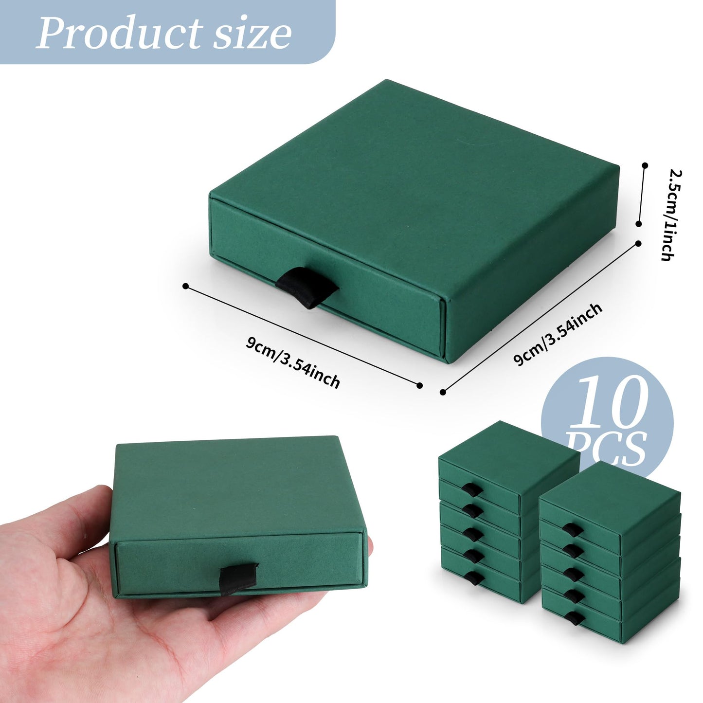 MATUFF Jewelry Boxes, 10 Pack 3.5" × 3.5" x 1" Bulk Sponge Fill Cardboard Jewelry Gift Boxes, Drawer Style Small Gift Boxes for Necklace Pendant Bracelet Ring Earring Display and Storage, Dark green