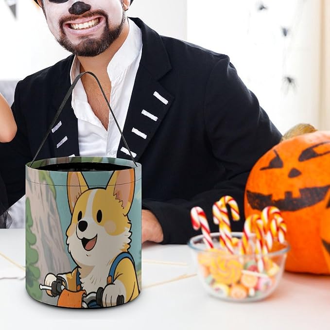 Halloween Candy Bucket - Dog Riding Motorcycles Trick Or Treat Candy Bag, Gift Bag for Party Favor Supplies
