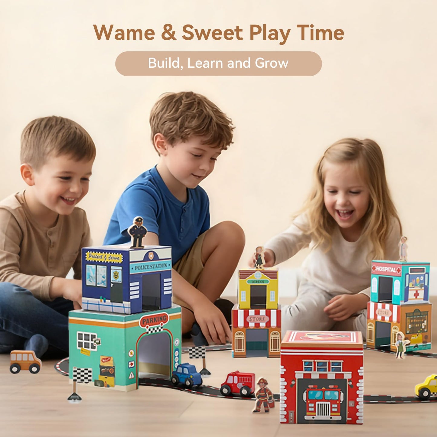 3-in-1 Sorting and Stacking Toys for Toddlers | Wooden Community Helpers, Nesting Boxes & Vehicle Track | Montessori Preschool Learning Toys Gift for 2 3 4 Year Old Boys Girls