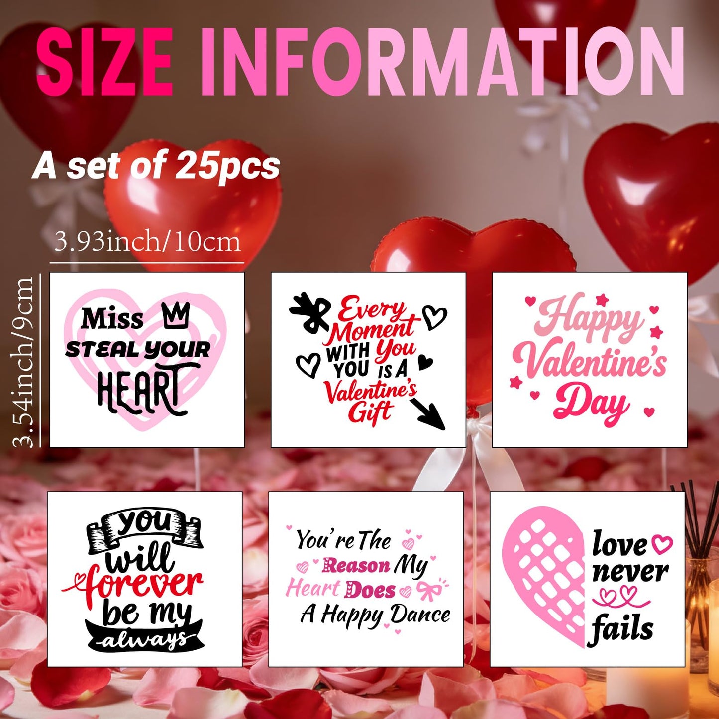 PRESSINART 25Pcs 25 Styles Valentines Vinyl Stickers for Jars Love Words Pattern PVC Self Adhesive Waterproof Holiday Cup Sticker Set for Scrapbooking Card Making Gift Glass Water Bottle Decoration