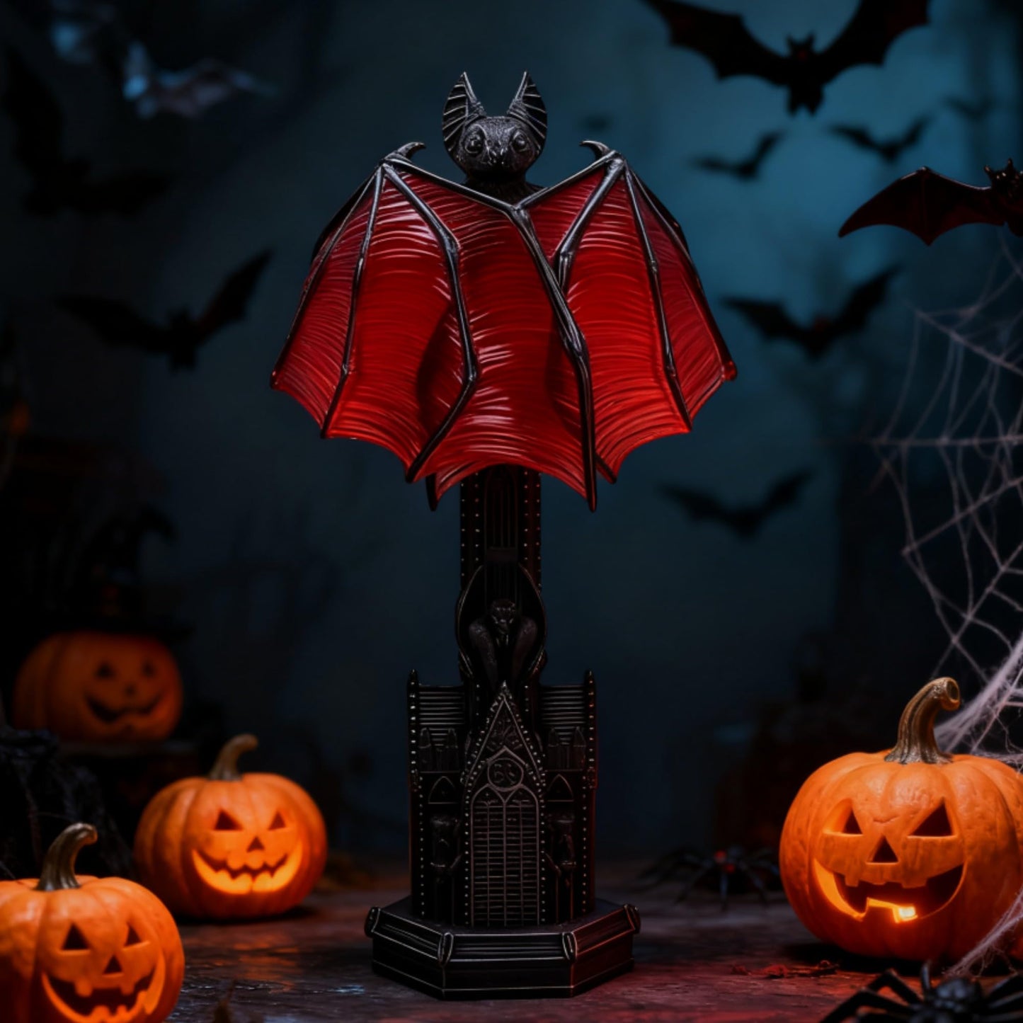 Gothic Wings of Night Halloween Lamp, Gothic Wings of Night Halloween Light with Red Glow, Handcrafted Resin, Cathedral Base Vampire Table Lamp for Spooky Horror Room or Witchy Nights Setting