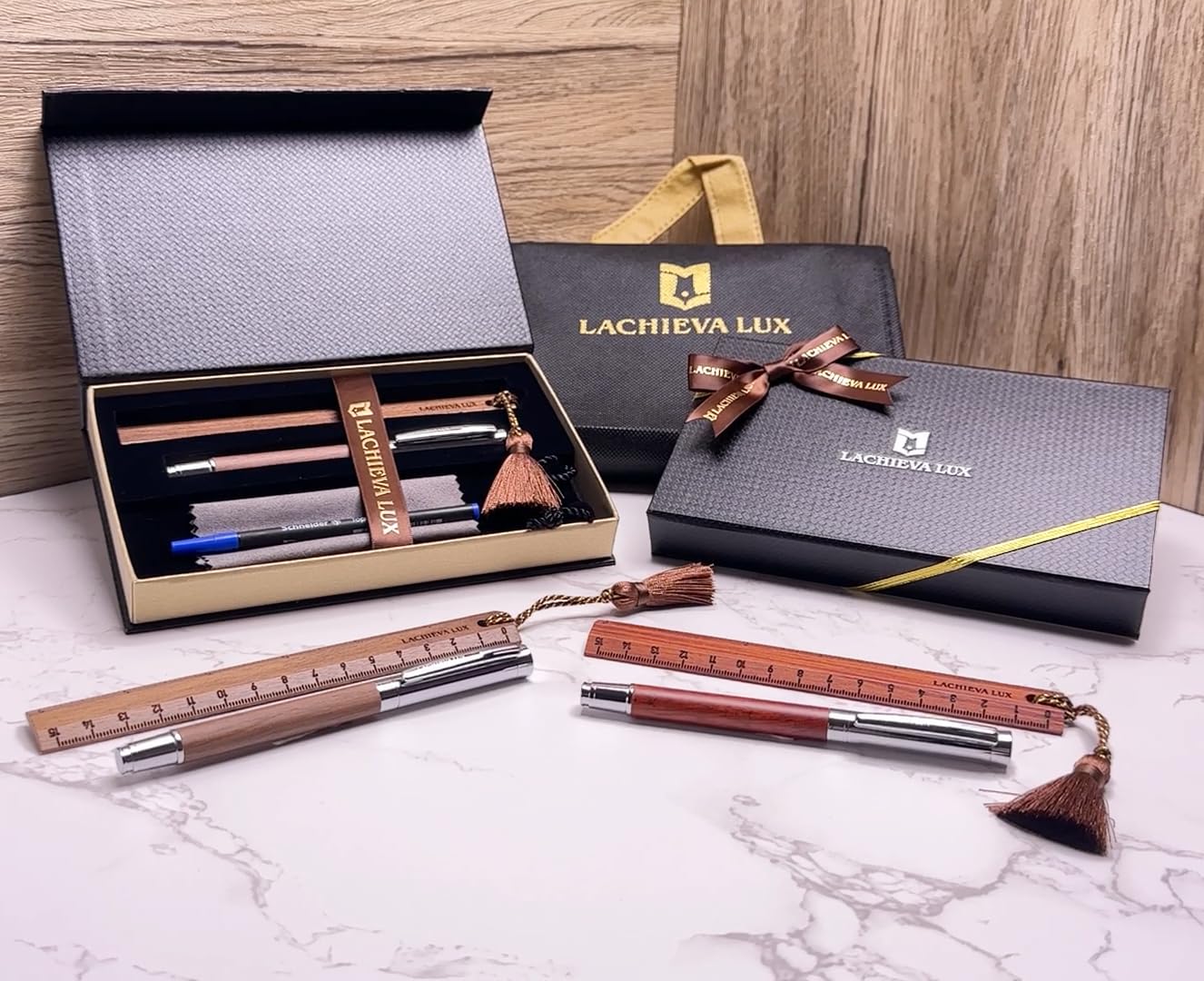 LACHIEVA LUX Fancy Walnut Rollerball Pen with Ruler/Book mark Set, Luxury Stationery Gift for Woman, Man