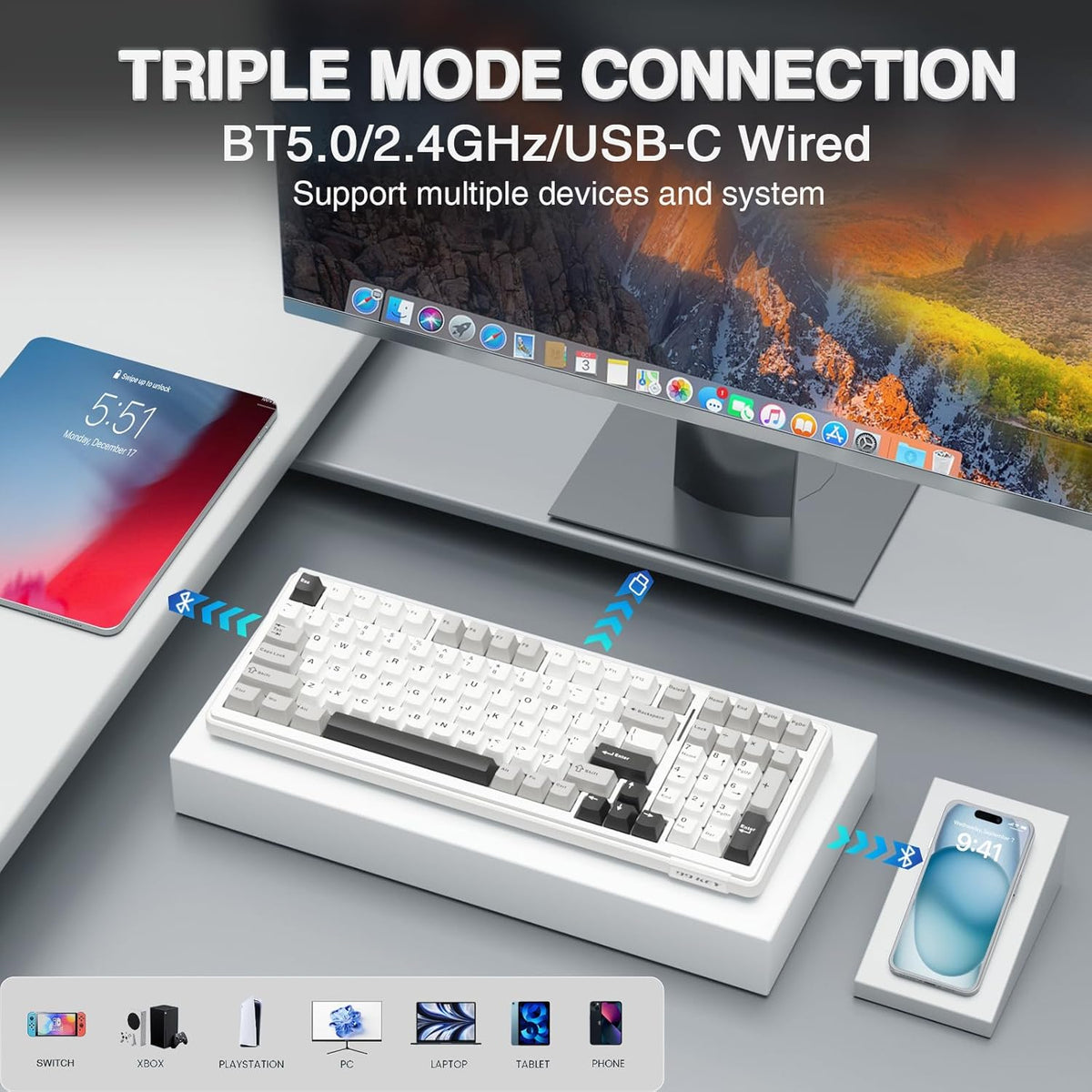 AULA F99 Wireless Mechanical Keyboard,Tri-Mode BT5.0/2.4GHz/USB-C Hot Swappable Custom Keyboard,Pre-lubed Linear Switches,RGB Backlit Computer Gaming Keyboards for PC/Tablet/PS/Xbox