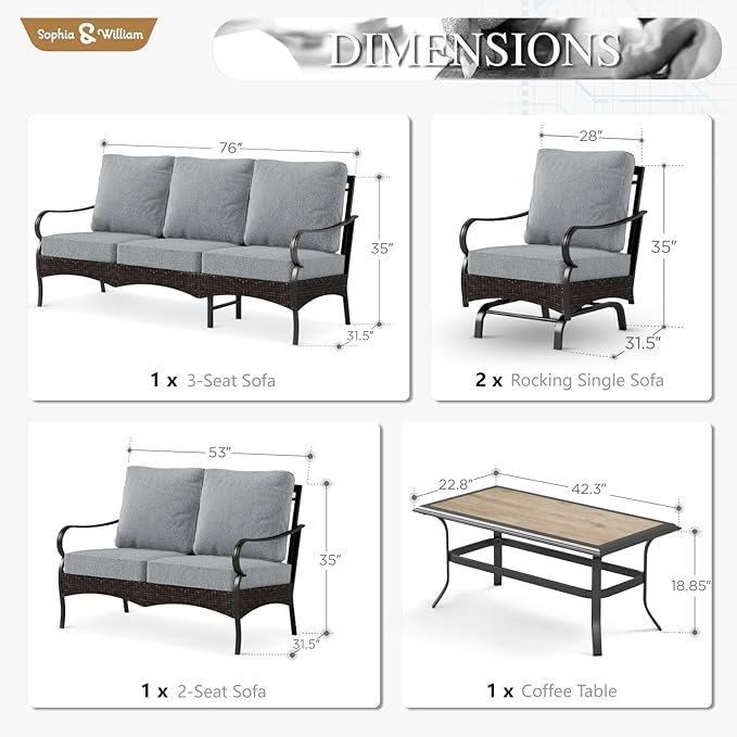 Sophia & William Patio Furniture Set, 5 Piece Metal Outdoor Conversation Set with 3-Seater Outdoor Couch, 2 Sofa Chairs, 1 Loveseat,1 Coffee Table for Outdoor Seating, Backyard, Porch(Grey)