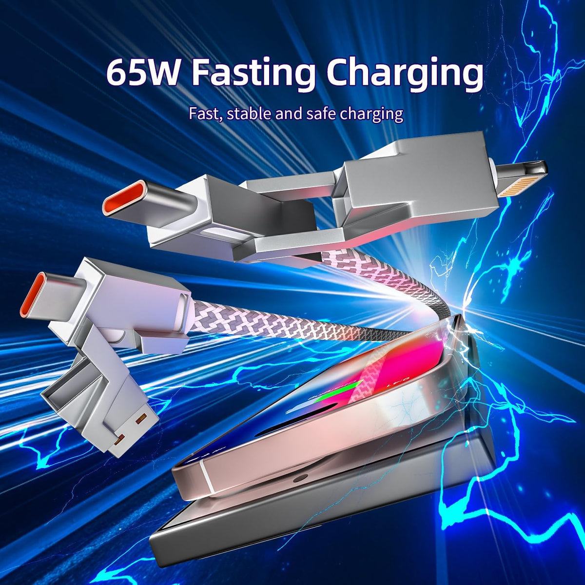 4 in 1 Charging Cable 5FT -MAX 66W Fast Charging Multi Charging Cable for All Devices, USB A/C to C/Lightning Cable Multiple iPhone Charger Cord for iPhone 16/15/14/13/iPad/Android/Tablets and More
