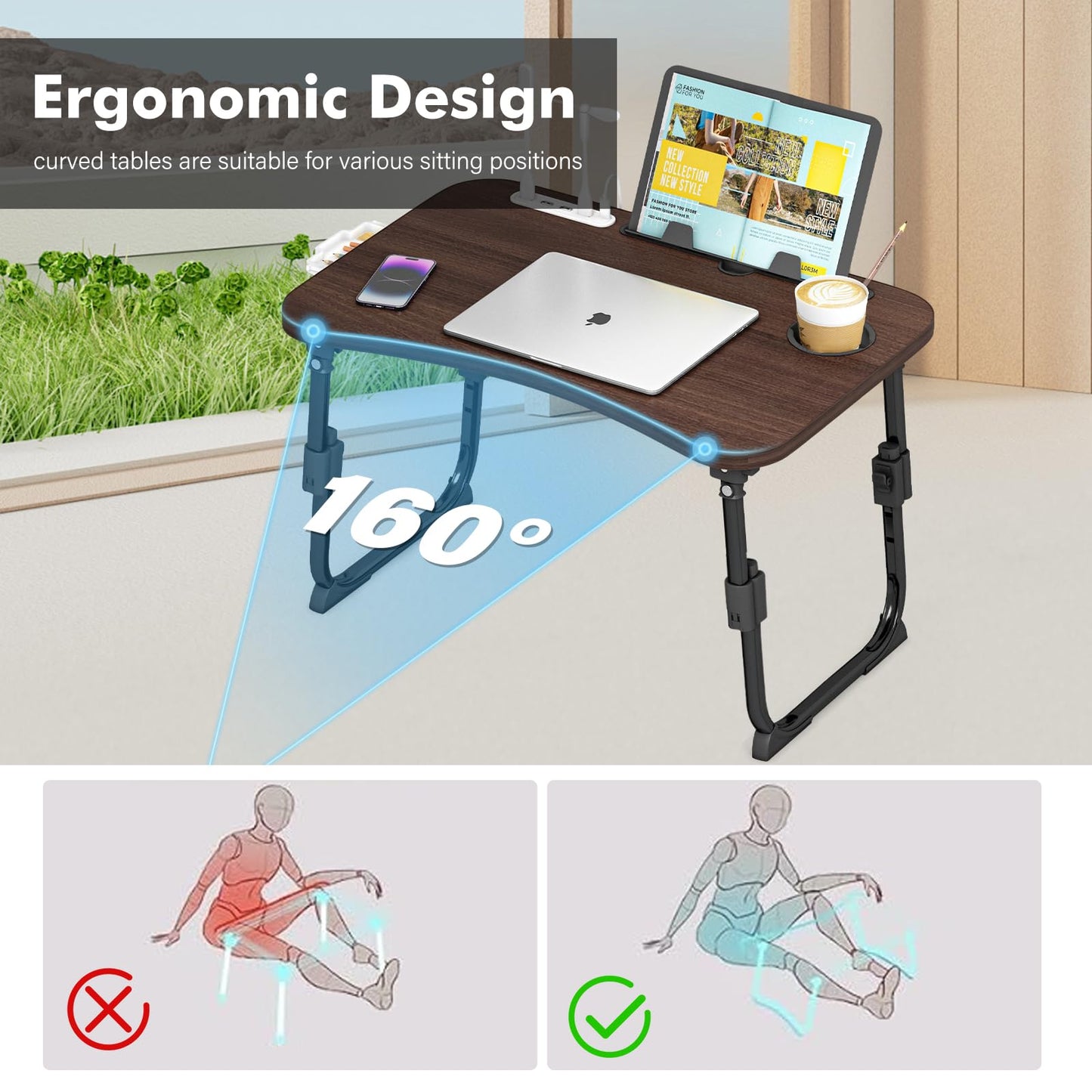 Lap Desk for Bed Adjustable Height, Foldable Bed Table with Storage Drawer, Tablet Slot & Cup Holder, Portable Laptop Stand for Bed & Sofa, Bed Desk for Adults & Kids, Walnut