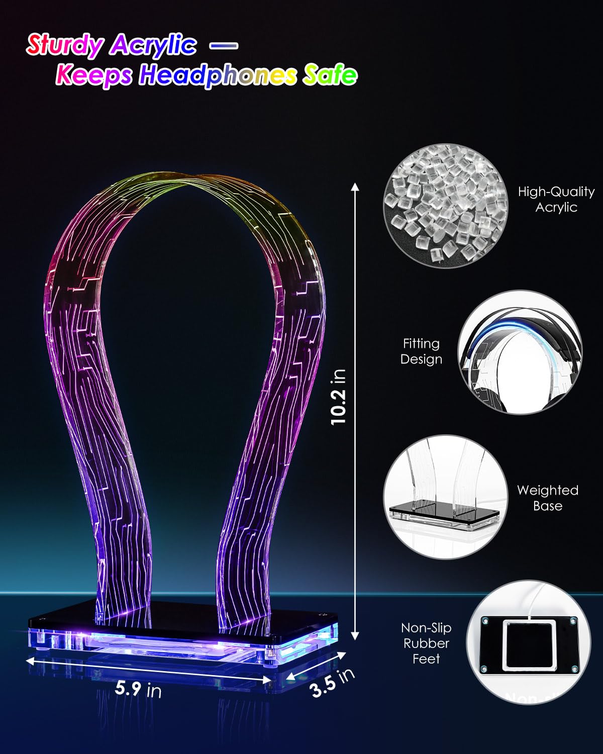 OAPRIRE Acrylic RGB Headphone Stand | Customizable 213 Lighting Modes & 60,000 Colors, Lights Sync with Music Beat, Headset Stand with 4.8ft USB Power Cable & Sturdy Build
