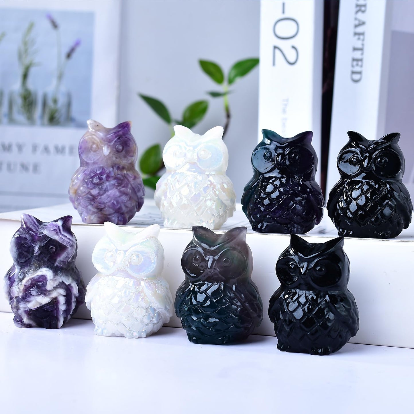 Ytbeoxk 1.9 Inch Amethyst Owl Statue Owl Figurine Home Decor, Healing Crystal Cute Decor Figurines, Hand-Carved Gemstones, Bedroom Office Spiritual Gift