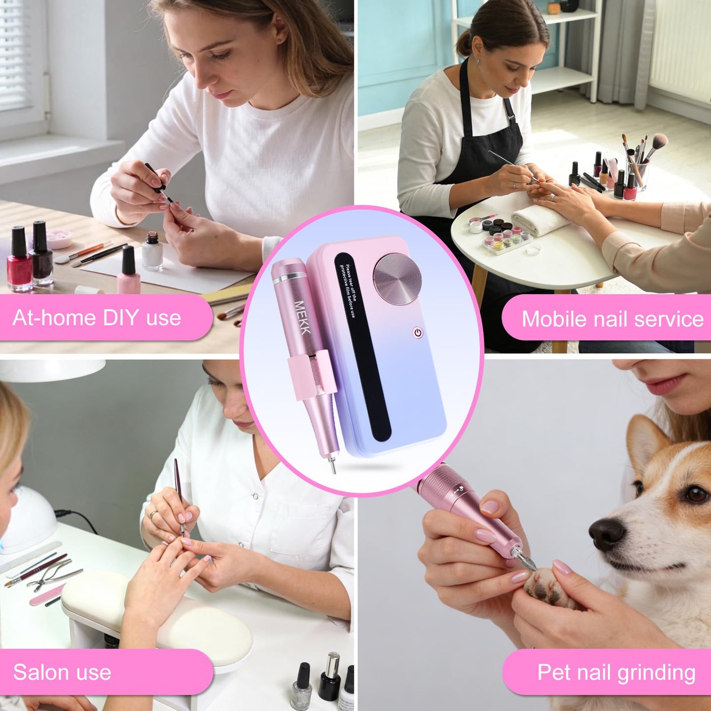 MEKK Nail Drill Kit,35000RPM Electric Nail Drill Professional Electric Nail File with 12PCS Bits,Anti-Shaking Cordless E Filer for Nails with LCD Display,Home & Salon (Pink-Blue)