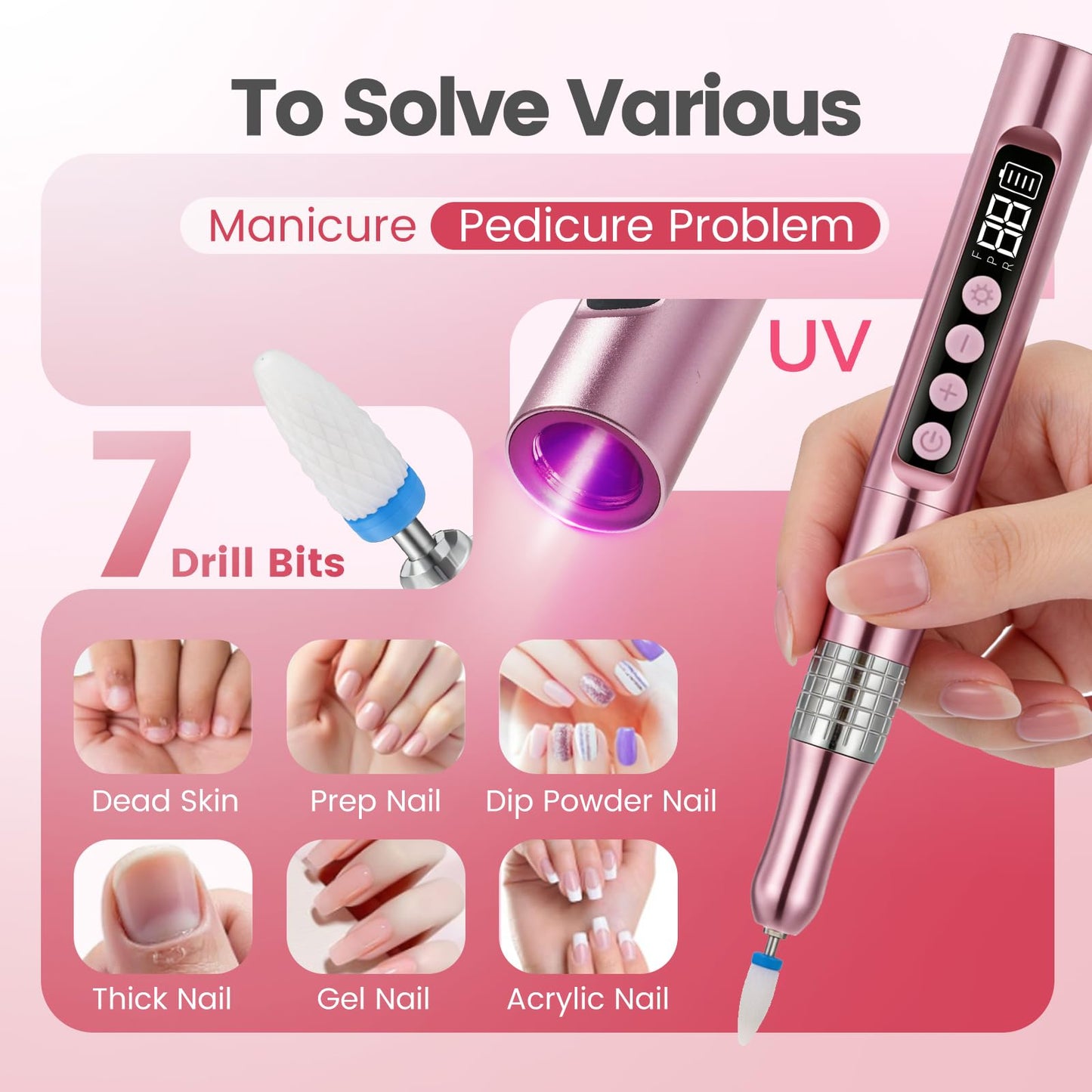 Cordless Nail Drill 35000RPM, Electric Nail File Kit with UV Light, Portable Nail Tools with Compact Design for Acrylic Gel Nails, Manicure Polishing, Shaping & Gel Removal at Home for Beginners, Pink