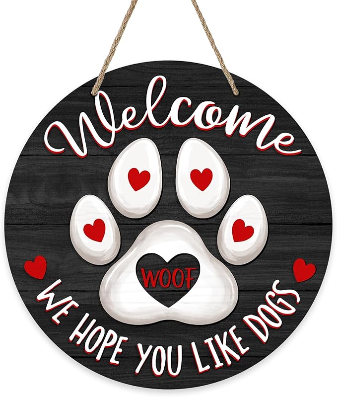 Deroro Welcome Dogs Front Door Sign, Paw Prints Wood Door Hanger Outdoor