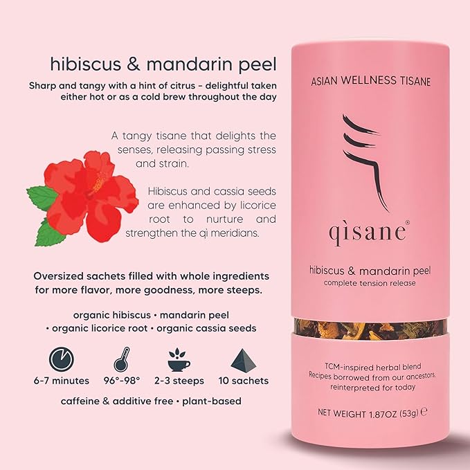 qìsane Organic Hibiscus Tea Bags with Mandarin Peel - Loose Leaf Hibiscus Tea, Organic Licorice Root, Cassia Seeds - Tangy Citrus Flavor to Help Support Strain and Tension - 10 sachets (~30 cups)
