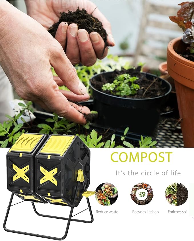 Compost Bin Outdoor - 2 X 18.5 Gal Dual Chamber Compost Tumbler,BPA Free Outdoor Rotating Composter with Easy-Turn, Fast-Working System